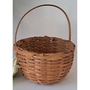Vintage Round Split Oak Gathering Basket  With Handle